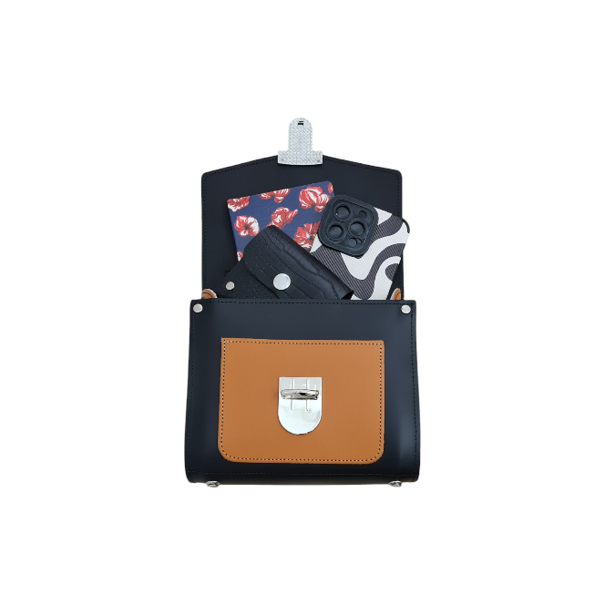 Handmade Leather Two Tone Sugarcube Handbag Black - Burnt Orange