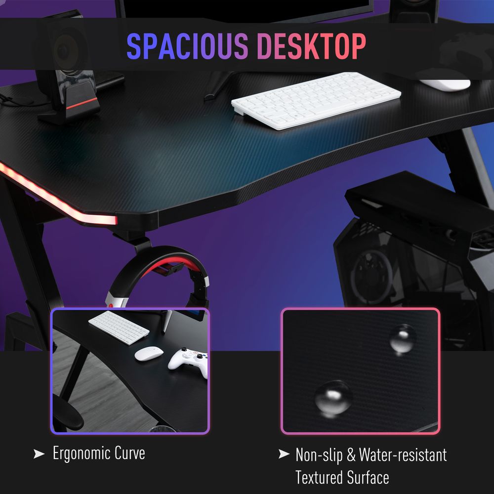Gaming Desk Racing Ergonomic Workstation with RGB LED Lights, Hook, Black