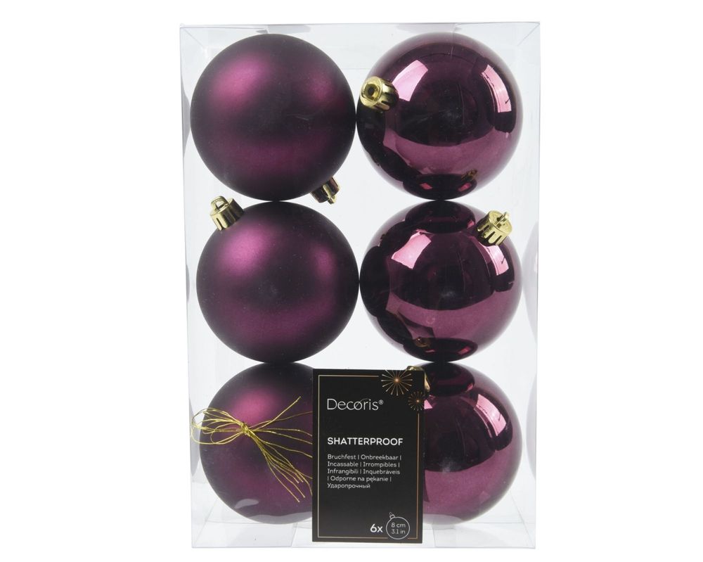 Shatterproof Dark Mauve Bauble 8cm Pack of 6 - Christmas