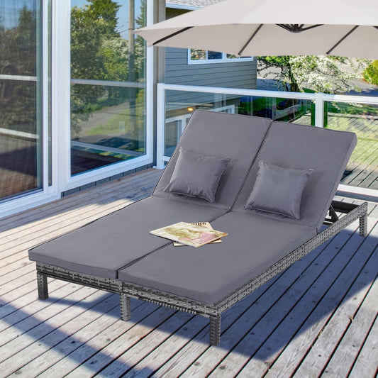 2 Seater Rattan Lounger Wicker Adjustable Double w/ Cushions Grey