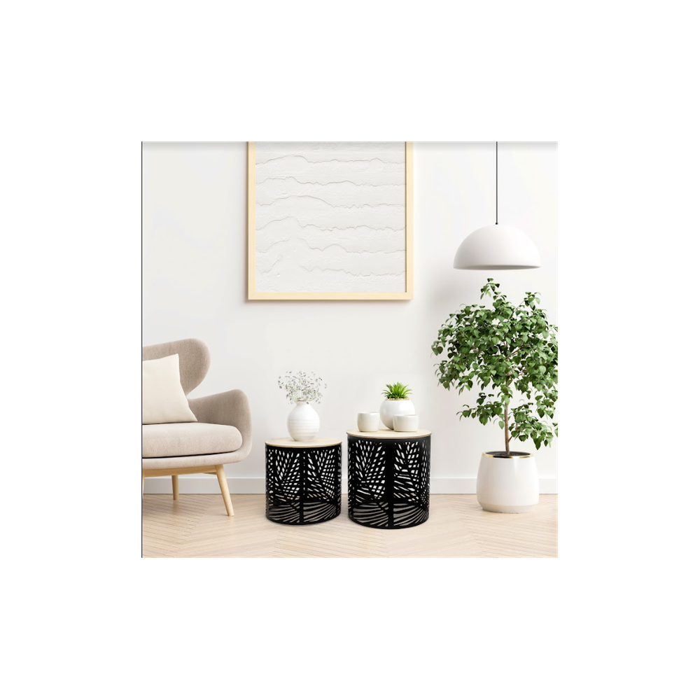 Premium Leaf Cut Basket Table Set - SLENDER - 2-Pack | Professional Quality | Iron + MDF | Classic Black
