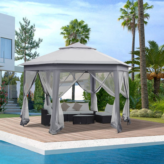 Hexagon Pop Up Gazebo Double Roof Netting, 4m x 4m, Grey w/ Mesh, 4x4m