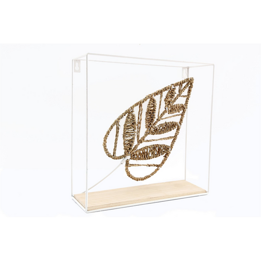 Woven Leaf Design Shelf 30cm - White Wire Frame - Seagrass - Wall Art - Decoration and Storage - MDF Shelf - WF2480