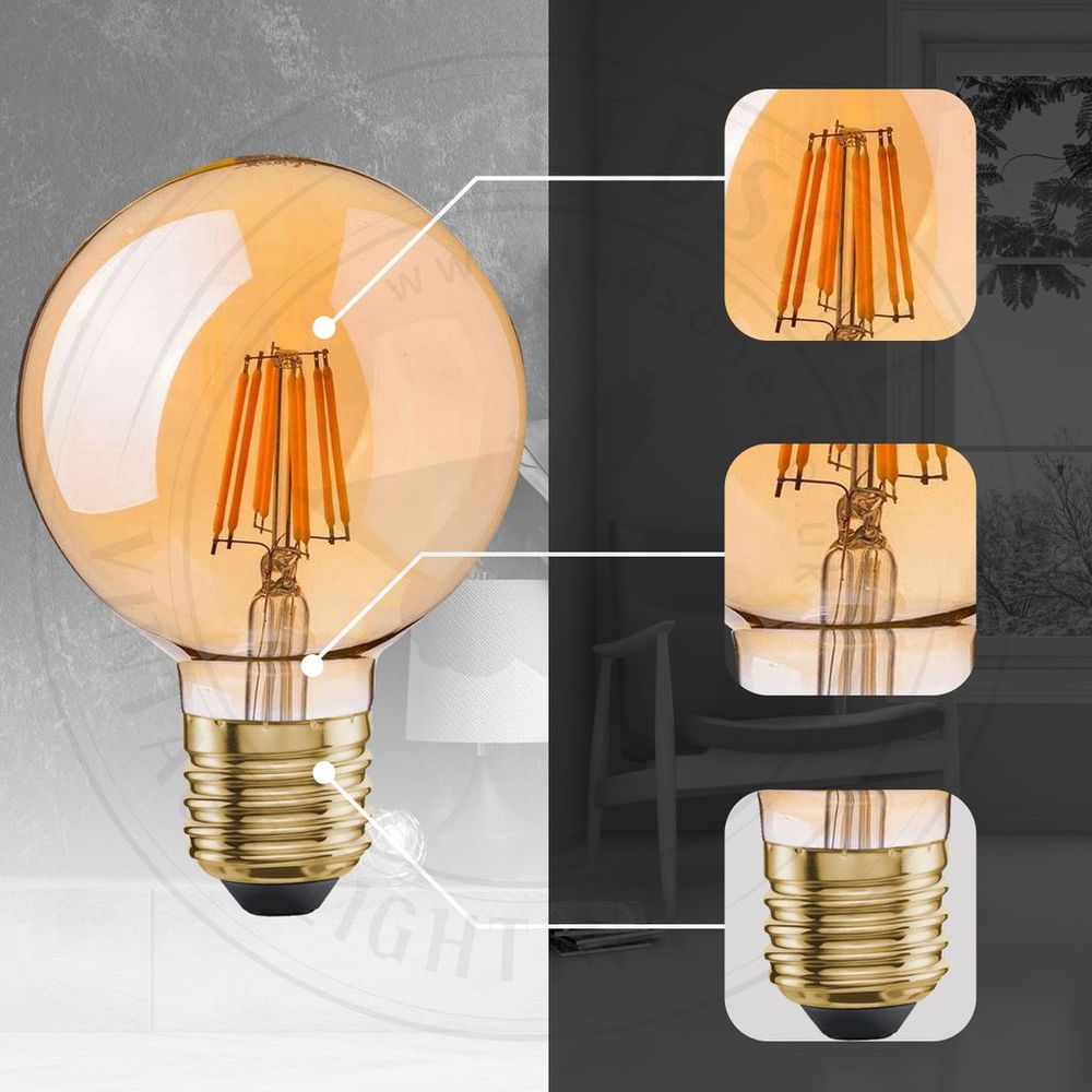 Vintage LED Filament Bulb - Retro Amber - 6 Pack - 8W - E27 Base - Energy Saving - Long Lasting