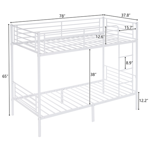 Twin Over Twin Bunk Bed for Kids Teens Adults, Heavy Duty Metal Bunk Bed with Ladder & Full-Length Guard Rail & Storage Space, White