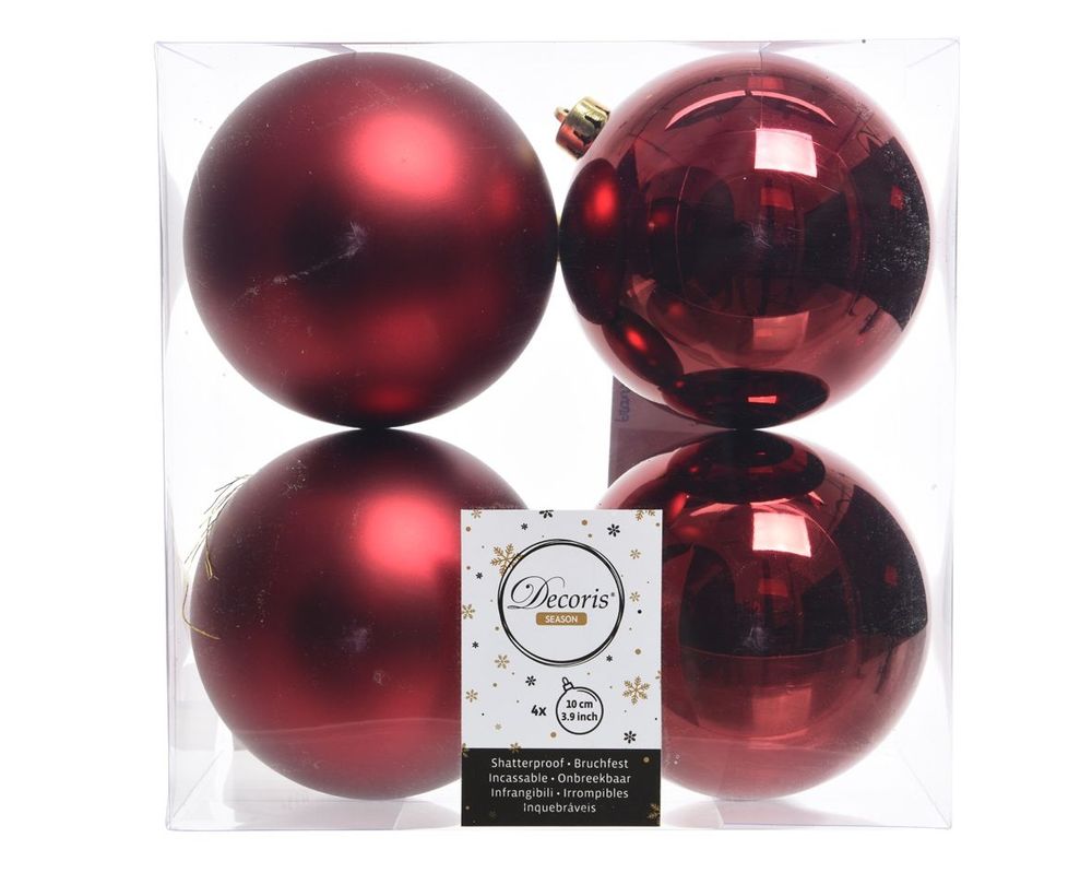 Shatterproof Deep Red Bauble 10cm Pack of 4 - Christmas