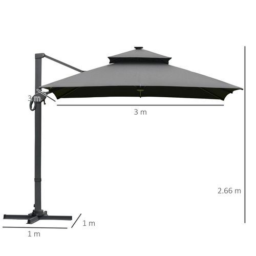 Outsunny 3 x 3(m) Cantilever Umbrella Power Bank Solar Cold Light Dark Grey
