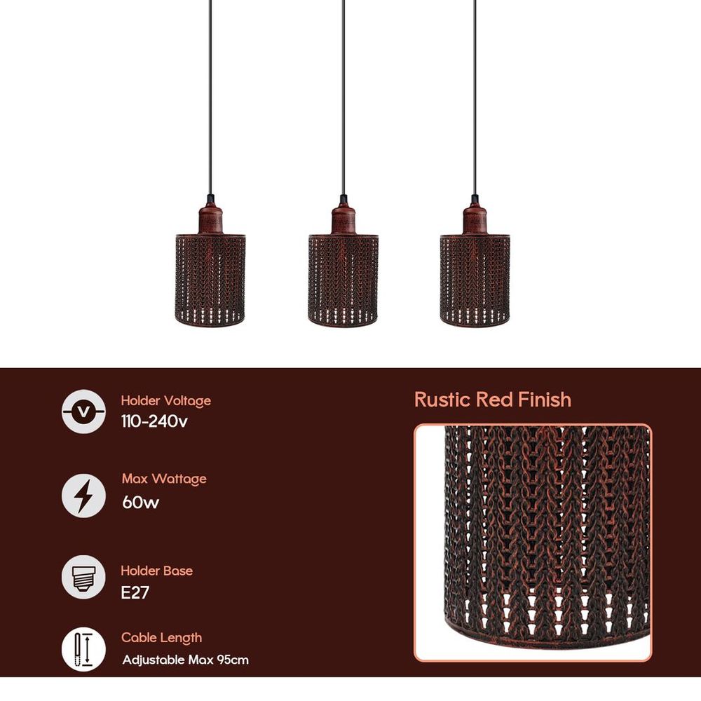 Vintage Industrial Rustic Red 3 Head Pendant Light - Metal Brushed, E27 Base, Barel Cage Lamp Shade - Best Quality, Professional