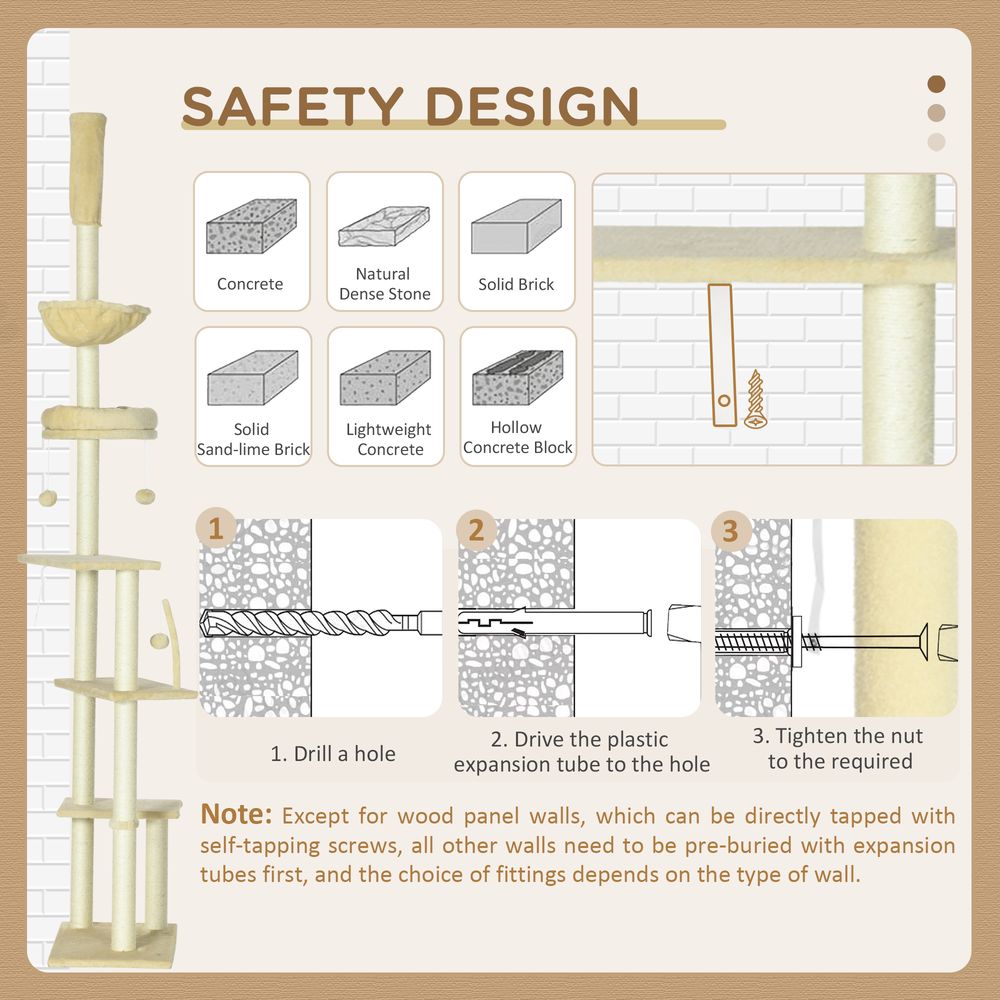 Ultimate Cat Paradise: 6-Tier Floor to Ceiling Cat Tree - Bed, Hammock, Scratching Post (Beige)