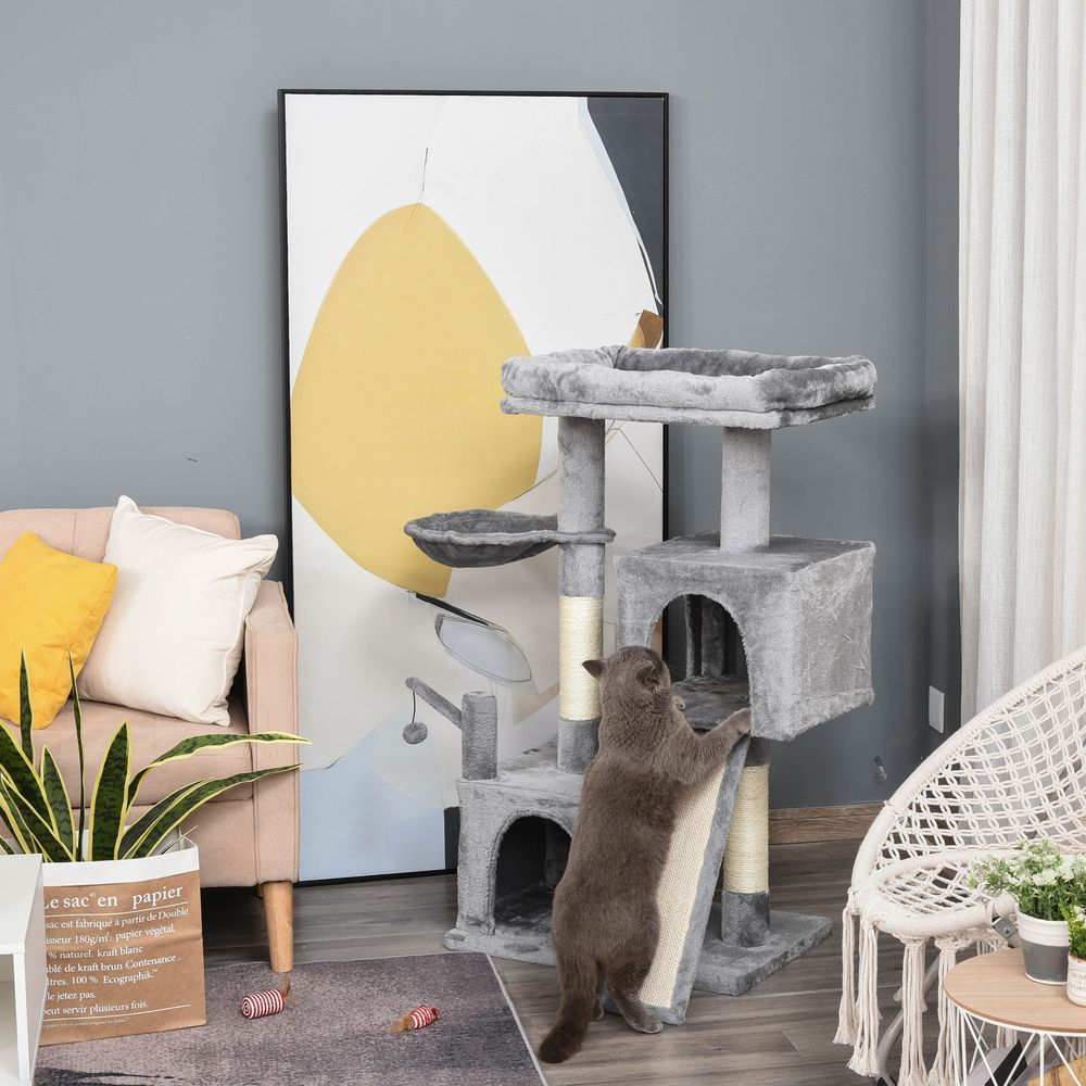 PawHut 111cm Cat Tree Tower for Indoor Cats, Cat Activity Centre with Scratching Posts and Pad, Hammock Condo Bed, Hanging Ball Toy, Grey