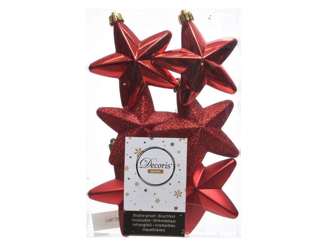 Shatterproof Christmas Red Star 7cm Mix Pack of 6 - Christmas