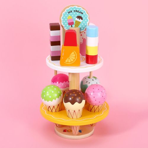 SOKA Wooden 21 Pieces Ice Cream Stand Popsicle Collection Pretend Role Play Set Game Colourful Variety Lolly Shop Food Stand Toy Set for Kids Children Girl Ages 3 year old +