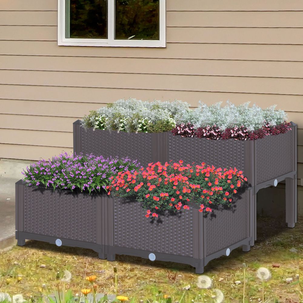 Outsunny 4-Tier Rattan Garden Planter - Brown & Grey, Raised Design, Durable Plastic, Easy Setup