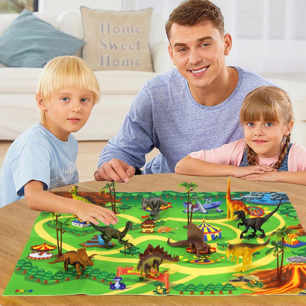 SOKA Dinosaur Toy Figure Set with Activity Play Mat Playmat & Trees For Kids Children - Realistic Dinosaur Toys Educational Playset for Boys & Girls Including T-Rex, Triceratops, Velociraptor