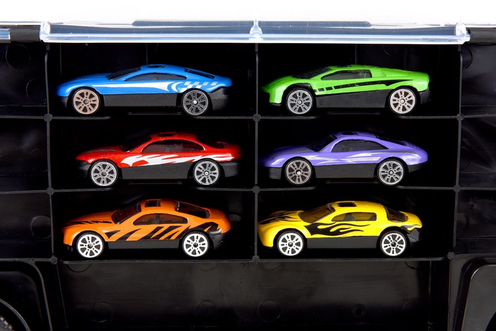 Soka Car Transporter Carrier Truck Toy - Play Vehicle Set of 1 Big Truck Carrier, 6 Colourful Metal Cars, 5 Cones, 2 Barrels and 4 Stop Signs