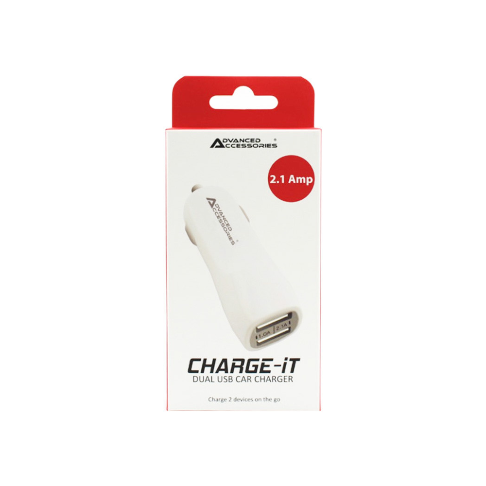 AA CHARGE-iT Premium Dual USB Car Charger - White | 2A and 1A USB Slots | Compatible with Phones, Tablets, Cameras, and More