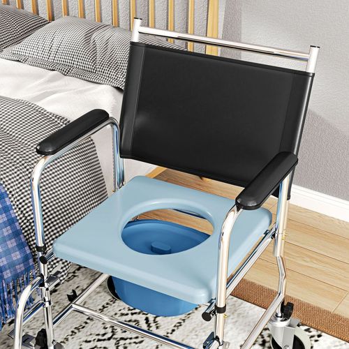 HOMCOM Shower Wheelchair, Commode Wheeled Chair with Padded Seat, Backrest