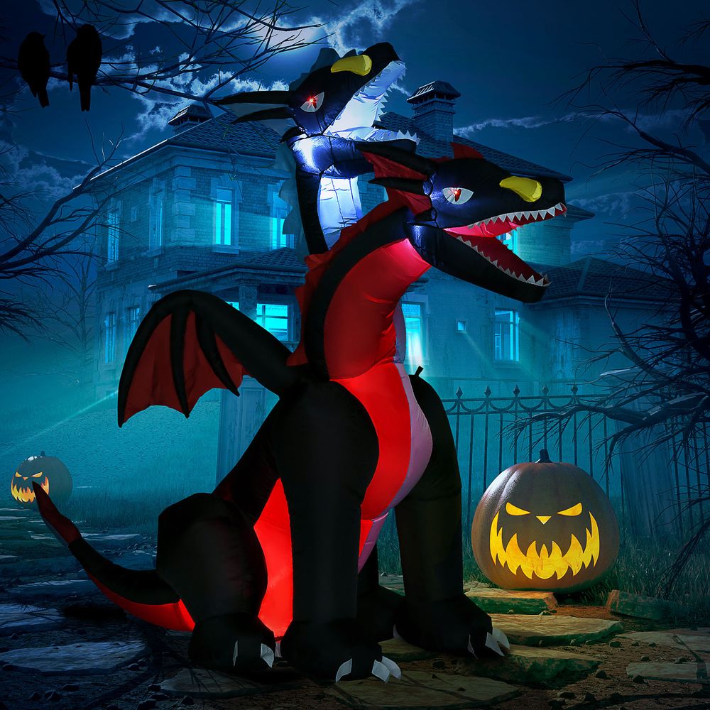 Homcom 7FT Blow Up Tall Halloween Inflatable Dragon with 2 Heads and LED Lights