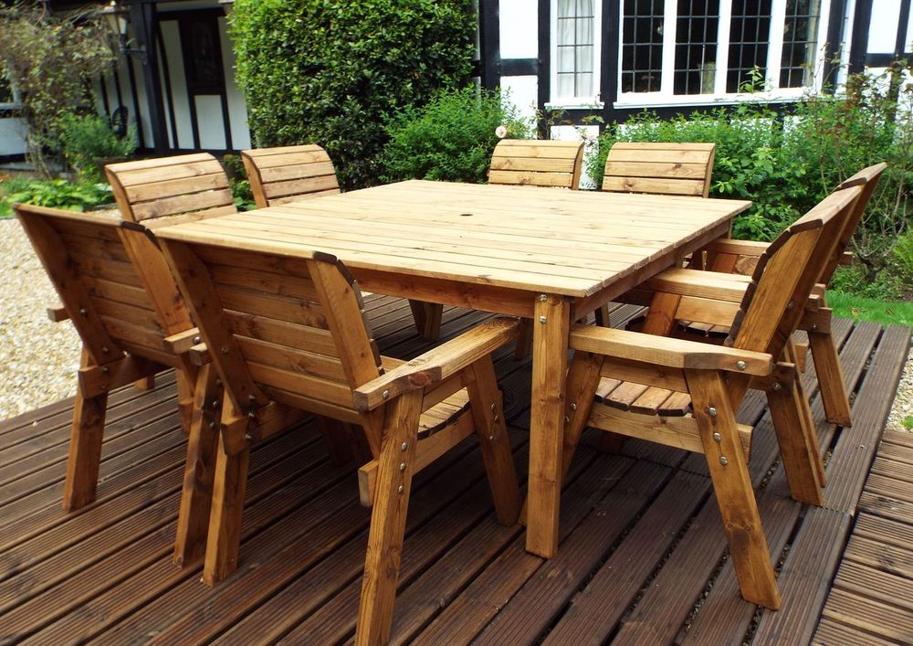 Outdoor Eight Seater Table Set - Solid Wood, Armchairs, Large Square Table, FSC Certified, Rot Free Guarantee