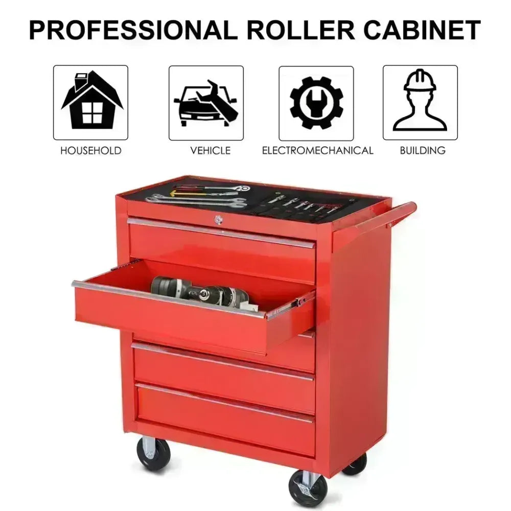 Premium Red 5-Drawer Roller Tool Cabinet - High-Quality Storage Box, Ideal for Garage and Workshop, with Wheels and Casters