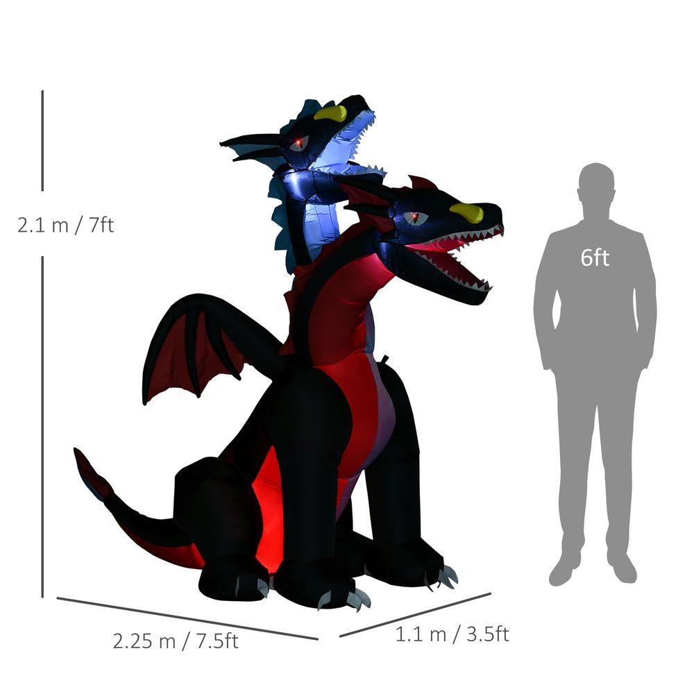 Homcom 7FT Blow Up Tall Halloween Inflatable Dragon with 2 Heads and LED Lights