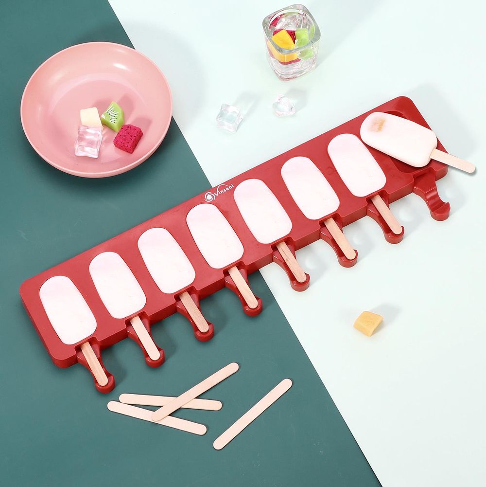 Ice Lolly Mould Silicone 8 Cavity Ice Cream Lolly with 50 Sticks - Red