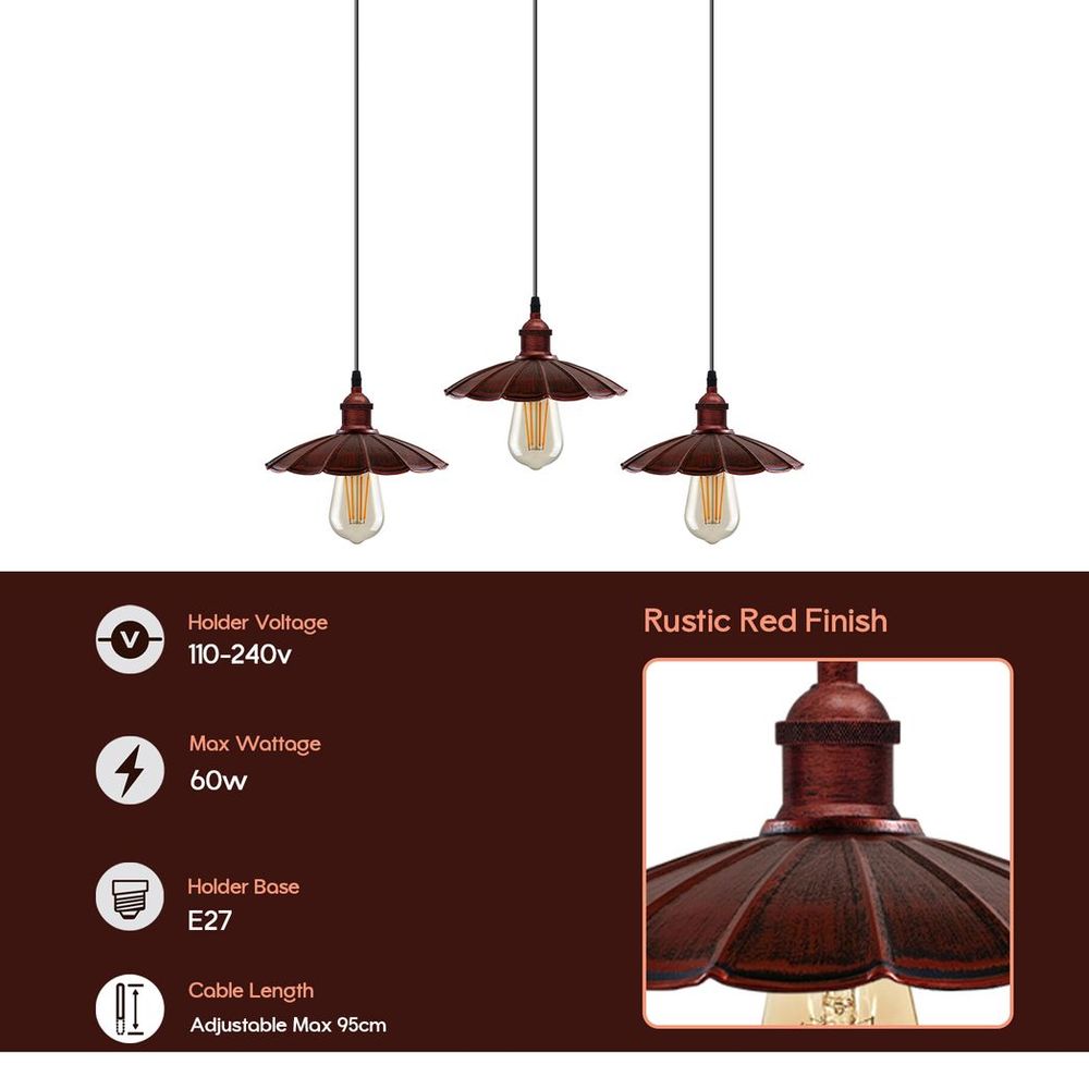 Vintage Industrial Rustic Red 3 Head Pendant - Metal Brushed Light Fitting - Umbrella Shape Lamp Shade - High Quality