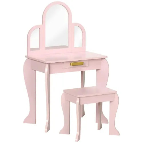 HOMCOM Kids Dressing Table and Stool Kids Vanity Set Makeup Desk w/Mirror, Drawer, for Ages 3-6 Years - Pink