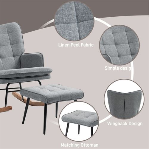 HOMCOM Rocking Chair and Ottoman Set, Fabric Armchair with Footstool, Wingback Chair for Living Room and Bedroom, Grey