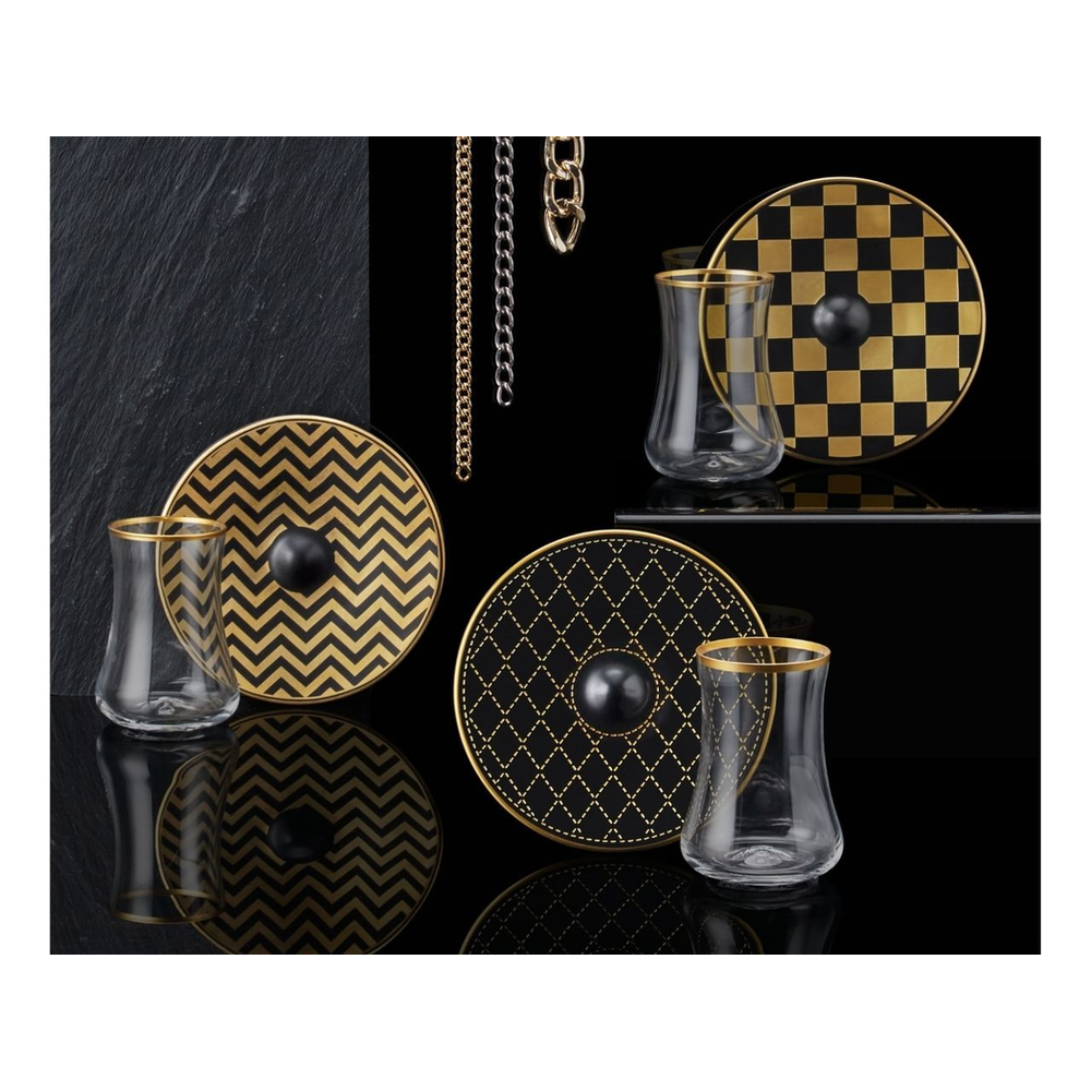 Dervish Quilt Black Gold Tea Glass and Saucer