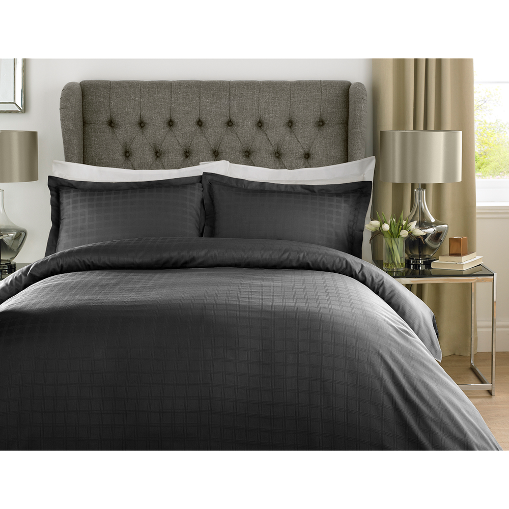 400TC - 100% Cotton Satin Stripe Check Duvet Set Black