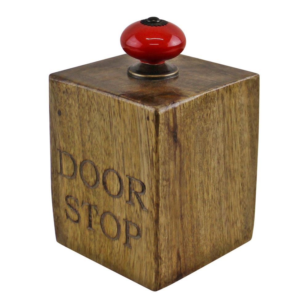 Mango Wood Doorstop with Red Ceramic Knob