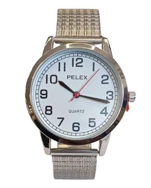 Pelex Mens Big number Silver Case White Dial Silver Bracelet Strap Quartz Watch