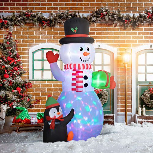Outsunny 8FT Inflatable Snowman Holding Gift Box w/ Penguin and LED Lights