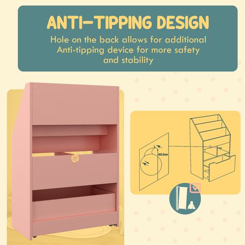 Homcom Kids Bookcase, Toy Box w/ Storage Drawer, Wheels for Bedroom - Pink