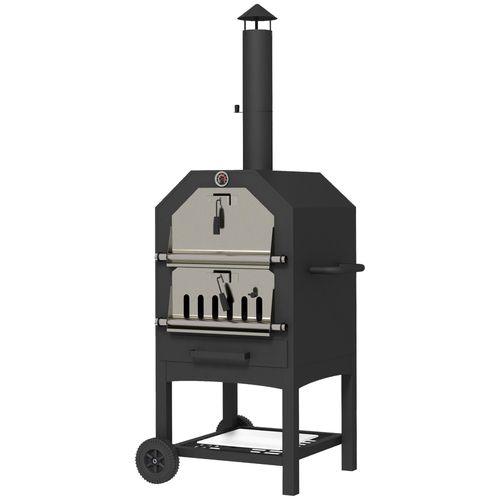 Outsunny Outdoor Pizza Oven Charcoal Grill with Rain Cover, Shelf and Wheels