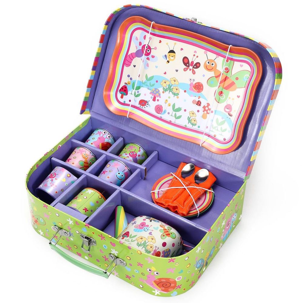 SOKA Bug Tin Tea Set - 18pc Kids Toy Tea Party Set with Colorful Illustrations - Includes Matching Car