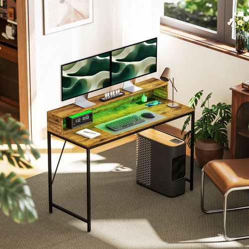 HOMCOM Computer Desk with LED Lights, Study Table with Shelf, Rustic Brown