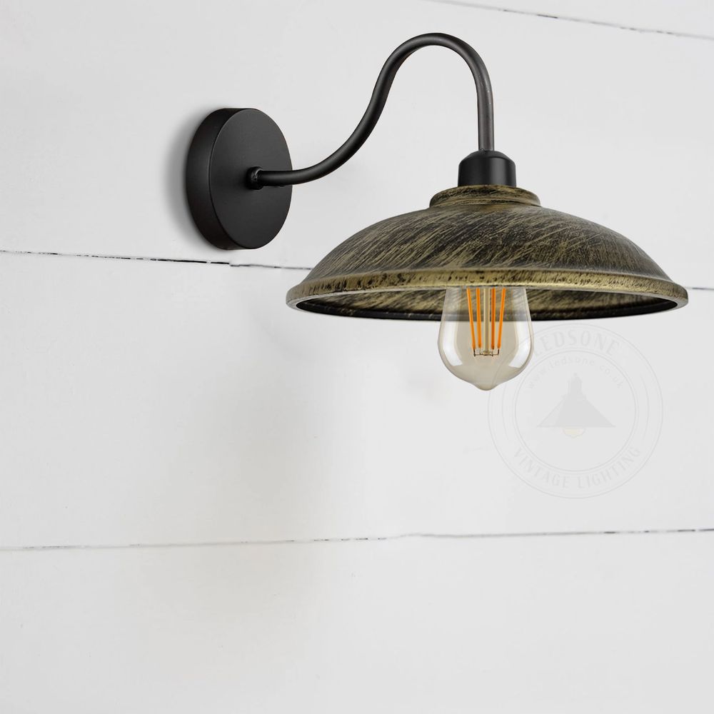 Vintage Brushed Brass Wall Light Fixture | Black Wall Sconce E27 Socket | Swan Neck Hemisphere Shade | Dimmable
