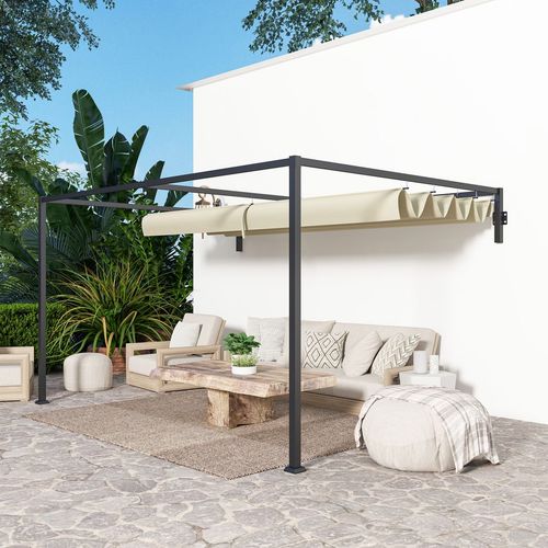 Outsunny 3 x 4m Wall Mounted Pergola with Retractable Roof, Khaki