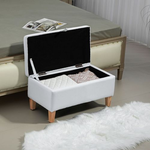 HOMCOM Linen Storage Ottoman Storage Box Footstool with Rubberwood Legs Cream