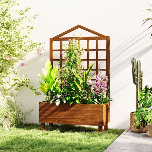 Outsunny Wooden Garden Planters with Trellis for Vine Climbing Plants Brown