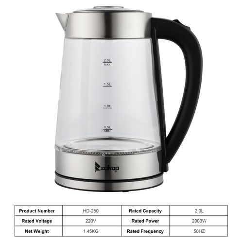 【Old Code:42128382】ZOKOP HD-250 220V 2000W 2L Blue Glass Electric Kettle