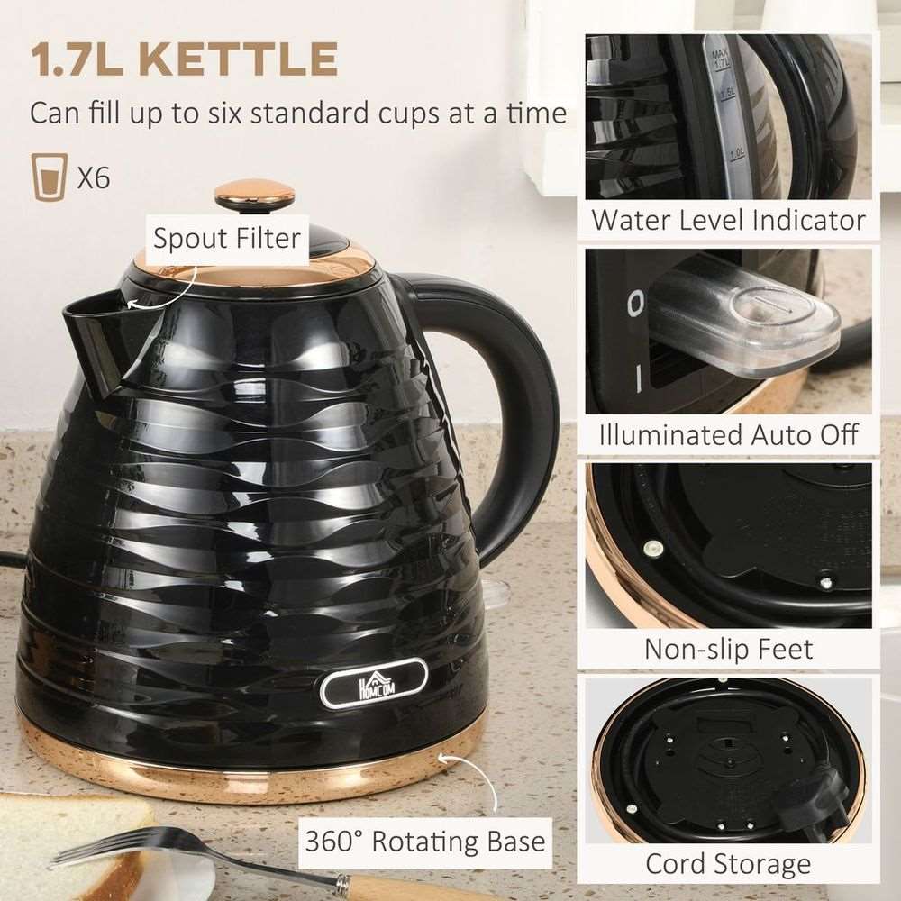 Homcom Kettle and Toaster Set 1.7L Rapid Boil Kettle & 4 Slice Toaster Black