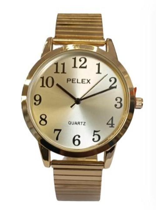 Pelex Mens Big number Gold Case Gold Dial Gold Bracelet Strap Quartz Watch