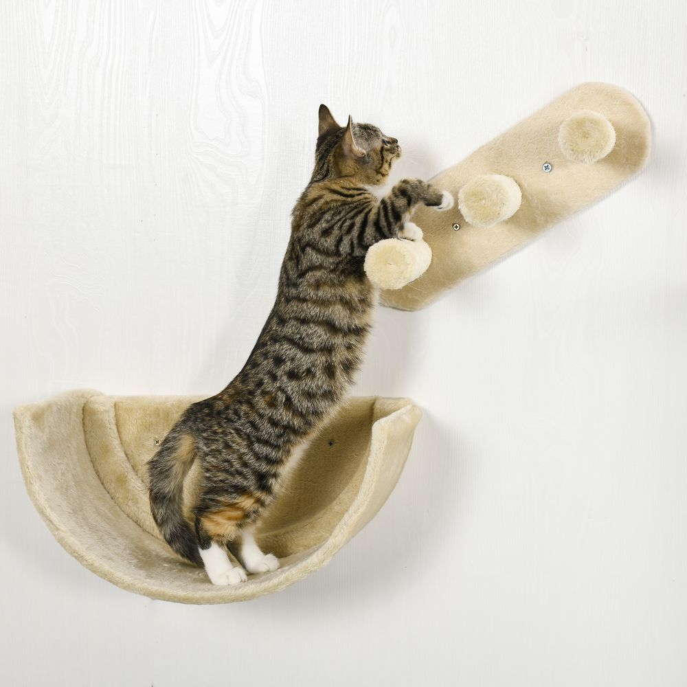 PawHut 4PCs Wall Mounted Cat Tree Cat Wall Shelves Furniture Climbing Shelf Set Kitten Activity Centre with Hammock, Scratching Post - Beige