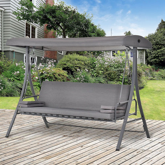 2-in-1 Swing Chair 3 Seater Bench Hammock Bed Adjustable Canopy Pillow, Grey