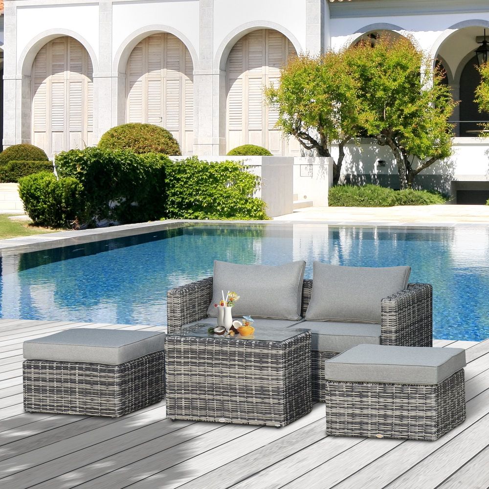 Outdoor Rattan Armchair Set - 5 Pcs PE Wicker Seating with Cushions & Table