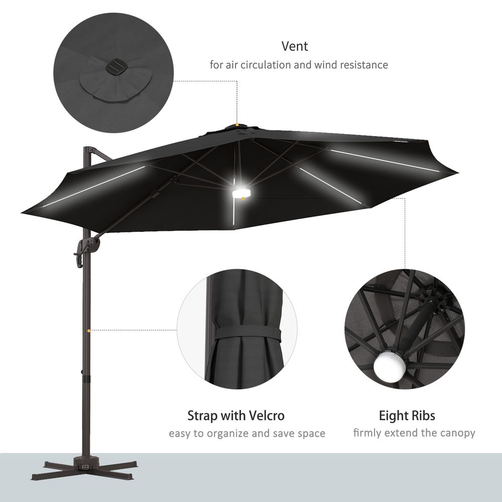 Outsunny 3m LED Cantilever Parasol Outdoor with Base Solar Lights Dark Grey