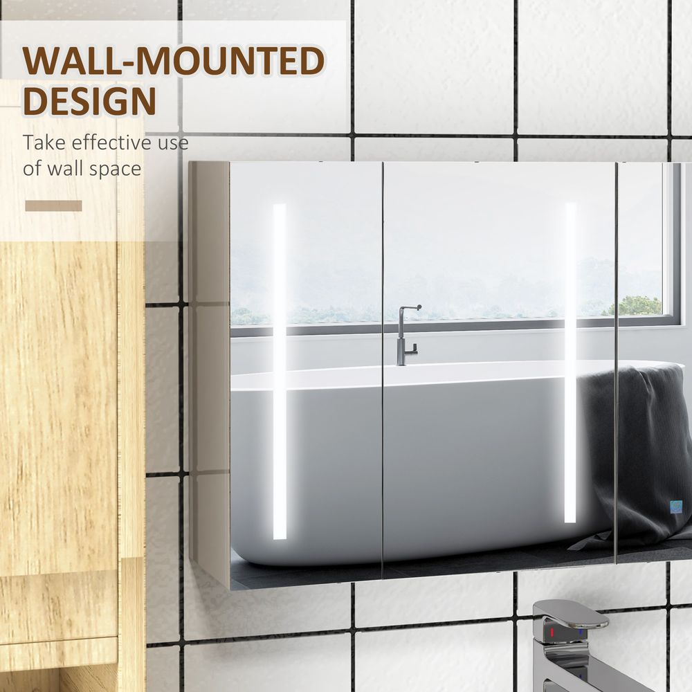 kleankin Wall Mount Storage Cupboard w/ Light, Mirror & Shelf - Bathroom Organizer, Day & Night Ready